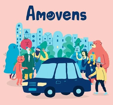 Amovens carsharing illustration featuring colorful characters and a car in front of a city skyline.
