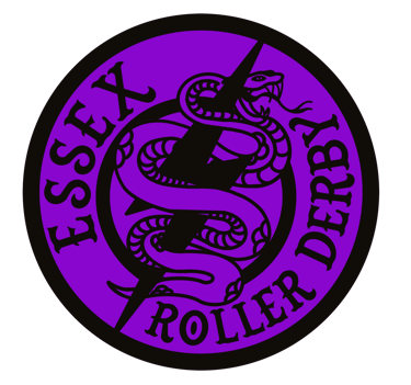 Essex roller derby logo in purple. lightening bolt with snake coiled around