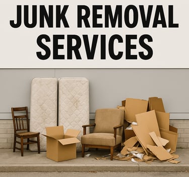 A junk removal services sign showing images of old furniture, old mattresses, and empty boxes