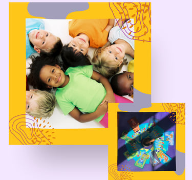 Two images of a group of children smiling and yoga pose cards for a game.