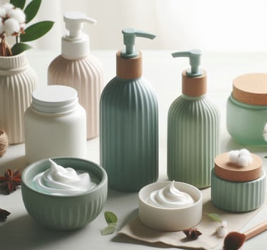 eco-friendly lotion, pump bottles, bowls and jars