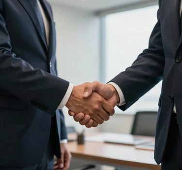 A professional handshake between two people in business attire in a South American / Brazilian office setting. The lighting is soft and natural, emphasizing trust and collaboration.