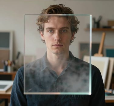 A conceptual portrait of a creative professional in a Northern European / Welsh / British art studio. The subject is partially obscured by a prism, refracting light into slate mist and soft alabaster tones. The mood is sophisticated and mysterious.