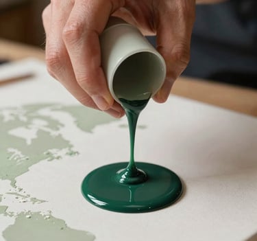 A close-up studio shot of an artist's hands in an International / Global studio, delicately pouring liquid resin colored in Muted Sage and Deep Forest Green onto a canvas, showcasing high gloss and artistic passion.