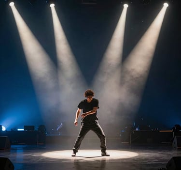 A dynamic action shot of a performer on a dark stage, captured with a slow shutter speed to create a light-trail effect. Dramatic off-white spotlights pierce through a dark blue atmospheric haze. North American / US concert venue.