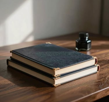 Quiet interior photography of a writing desk with a stack of old journals and an ink well, located in a sunlit room with minimal decor, sophisticated and personal atmosphere, Western / International setting.