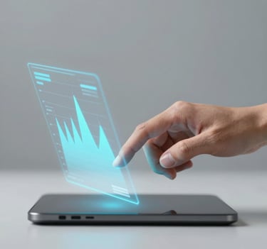 Side view of a hand interacting with a holographic interface projected from a device. The hologram shows predictive data charts in #E6EFF5 and #7A8C9E. Sophisticated, tech-focused composition with a minimalist background.