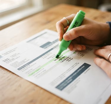 Close-up of a physical utility bill on a warm wooden table, a hand holding a green highlighter marking a high rate, soft window light, 35mm photography