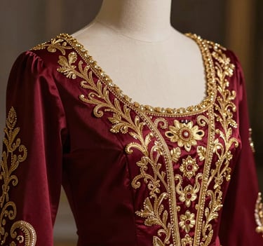 A detailed close-up of a lavish opera costume, showing the intricate embroidery in Borgogna red and gold threads. The style is sophisticated and rich, reflecting the high-end production values of international opera.