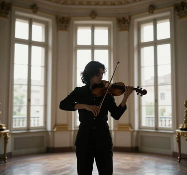 A sophisticated silhouette of a violinist performing in an elegant Southern European / Spanish palace room, soft off-white backlighting from tall windows, professional mood.