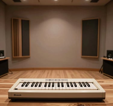 A wide, minimalist shot of a modern music studio. A cream-colored keyboard sits on a wooden desk. The room feels spacious and professional, with soft shadows and a warm inviting atmosphere.