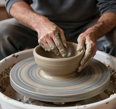 A craftsman shaping a natural clay bowl on a spinning potter's wheel in a sunlit ceramic workshop in Turkey, hands covered in smooth wet clay.