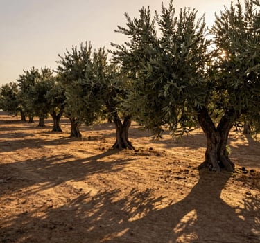 A wide landscape shot of an old Spanish olive grove at sunset. Beams of light filter through the silver-green leaves. The atmosphere is peaceful and timeless. Warm sand and deep brown shadows dominate the color palette.