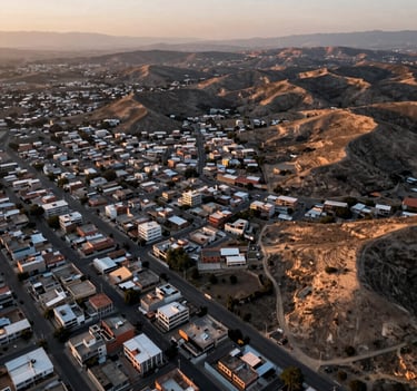 Aerial drone photography of a peri-urban landscape in Mexico where arid hills intersect with modern housing developments, soft sunset lighting, charcoal and warm sand palette.