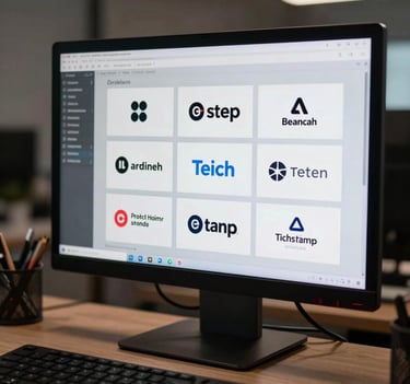 Detailed shot of branding guidelines and logo variations for a tech startup, displayed on a high-resolution monitor in a professional design studio.