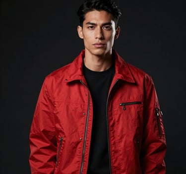 A professional portrait of a model in high-fashion streetwear featuring a bold red jacket, set against a dark black background in a North American studio, cinematic lighting emphasizing sharp edges.