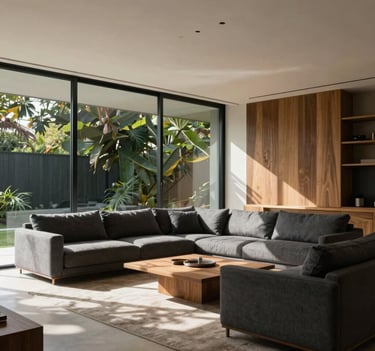 Interior of a modern Brazilian living room, floor-to-ceiling glass walls, soft shadows, minimalist furniture in muted dark gray, natural wood textures, soft off-white ceiling, high-end architectural photography style.