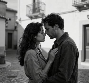 Intimate black and white portrait of a couple in a Southern European town, dramatic shadows, premium quality, emotional connection, cinematic lighting.
