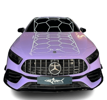 Mercedes AMG A-Class wrapped in satin lilac purple vinyl finish
