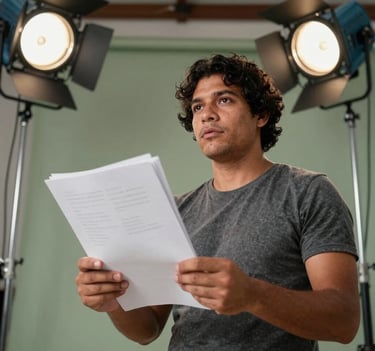 Low angle shot of a South American / Brazilian director on a film set in Minas Gerais, holding a script, framed by professional lighting equipment, with a muted sage green backdrop.