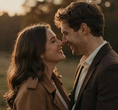 A candid vertical shot of the couple sharing a private joke, leaning into each other. The composition is intimate, focusing on their faces lit by a low evening sun. Cinematic grain and rich, warm tones of Burnt Sienna (#8C4E40) in the background foliage.