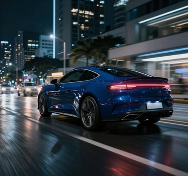 A dynamic video thumbnail of a high-speed car commercial, neon lights reflecting on a wet street in a modern Brazilian city at night, cinematic motion blur, slate navy blue tones.
