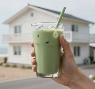 Close-up of a hand holding a sage green iced tea against a background of a mist white coastal building. Bright, airy, and relatable user-generated content style.