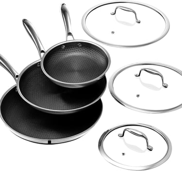 HexClad 6-piece nonstick stainless steel frying pan set, honeycomb textured surfaces and glass lids