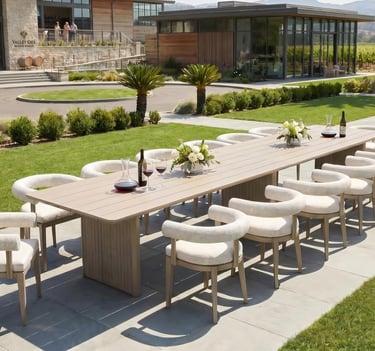 A long outdoor dining table with white chairs on a luxury winery patio near a pool.