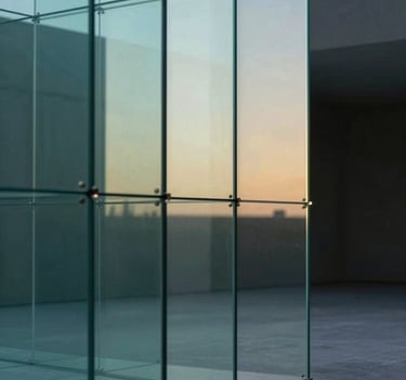 A minimalist photograph of a high-tech glass installation. The glass panels are layered, catching the light in a way that creates a soft teal and gold gradient. Reflections of a dark, empty studio space are visible.