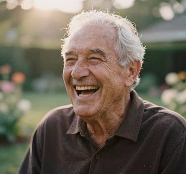 A candid close-up photography of a senior laughing, capturing a moment of genuine joy. The background is a soft-focus North American garden. The lighting is warm and hazy. Palette includes dark chocolate and cream.