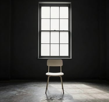 A wide cinematic shot of a lone chair in an empty room, cast in Soft Alabaster White light from a window against Deep Obsidian Black walls.