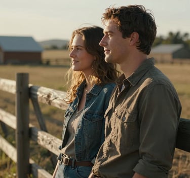 A cinematic, profile-view photograph of a couple sharing a quiet, authentic moment against a rustic wooden fence in a North American / US rural setting. Sun-drenched lighting creates a warm glow on their faces, exuding a friendly and intimate mood.