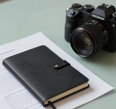 An organized researcher's workspace. A charcoal black notebook lies next to a professional camera and a printed draft of a paper. Soft lighting with a muted teal and soft sage background.