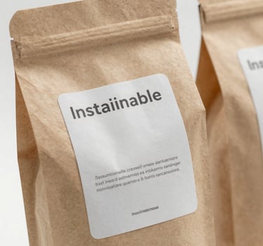 A close-up photograph of high-end sustainable packaging, showcasing matte finishes and minimalist typography. Soft natural lighting in a clean International / Western studio.