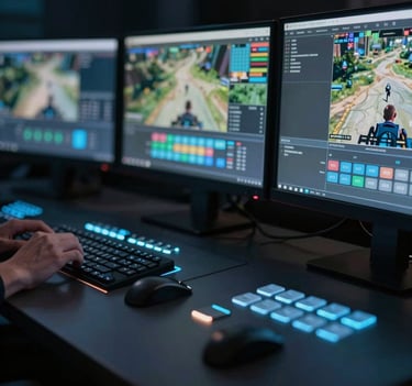 A detailed close-up of a professional broadcast control panel and monitors showing high-resolution esports game feeds, with glowing buttons in #8EA7BF and a sleek, dark aesthetic matching #1F2E3A.