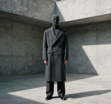A figure in a structured, charcoal-colored architectural coat standing in a brutalist courtyard with sharp shadows and soft gray concrete walls. Global / Contemporary Art context, editorial style.