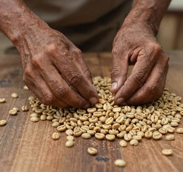 Close-up of weathered hands carefully sorting dried coffee beans on a wooden surface, South American / Latin setting, earthy tones of tan and brown, soft overhead lighting.