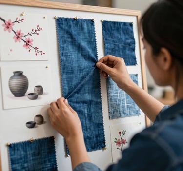A cinematic over-the-shoulder shot of a designer working in an East Asian / South Asian influenced for a global luxury audience studio, pinning indigo blue fabric swatches onto a mood board that features cherry blossom sketches and wabi-sabi references.