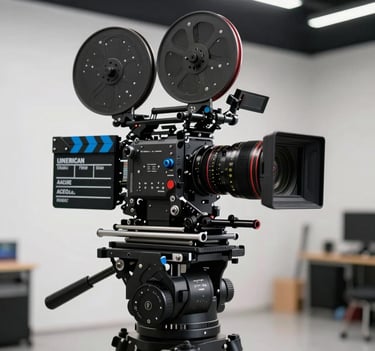 Close-up of a high-end cinema camera rig on a dolly in a sleek production environment, cinematic lighting with slate blue accents, professional film industry gear, North American setting.