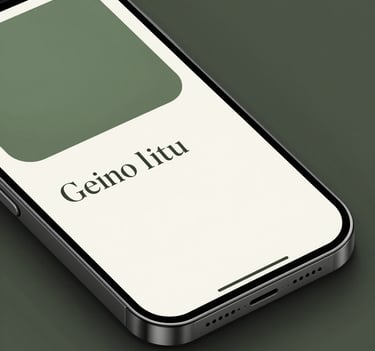 Detail shot of a sleek mobile app interface displayed on a modern smartphone. The UI design uses muted olive green and off-white tones. Minimalist layout with elegant typography. Studio lighting with subtle green reflections.