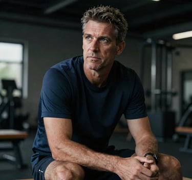 A low-key, premium editorial portrait of a coach sitting on a bench in a dark training facility. He is looking off-camera with a contemplative expression. Dutch architectural details visible in the soft-focus background.