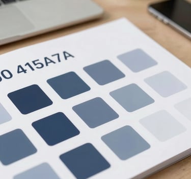 A close-up of a brand identity style guide on a desk. The document features color swatches in #0D1B2A and #415A77. Sophisticated studio lighting, clean and modern aesthetic.