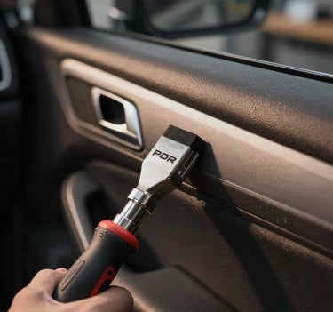 Macro shot of a specialized PDR tool gently massaging the interior of a car door panel, high-end professional workshop setting with soft golden lighting and navy shadows.