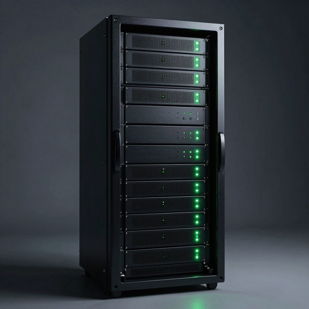 A minimalist studio shot of a high-speed storage server rack with small neon green indicator lights glowing in the dark. Represents data-driven video strategy and high performance. Deep shadows and cinematic lighting.