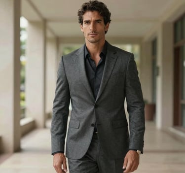 A charismatic man with a professional model pose, wearing a charcoal gray suit, standing in a high-end Brazilian architectural setting, soft natural lighting, sophisticated mood.