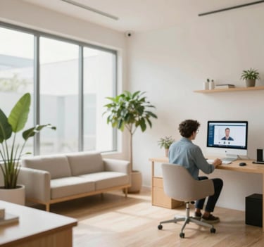Interior de una oficina de agencia de casting moderna y acogedora con estilo escandinavo. Muebles de madera clara, grandes ventanales con luz natural, plantas verdes y una est3tica minimalista. Un agente de talento revisa perfiles en una pantalla de alta tecnolog3a. Paleta de colores #ECF3F4 y detalles en #1A5E63.