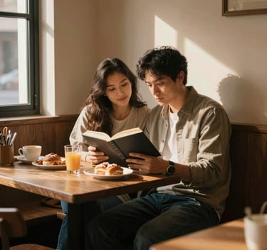 A candid, cinematic shot of a couple reading together in a cozy sun-drenched breakfast nook. The atmosphere is calm and inviting, with warm light and deep shadows highlighting the #8D6B5F wood grain.