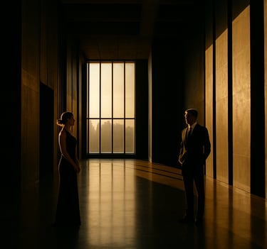 A cinematic wide shot of two people in formal attire standing in a minimalist North American architectural hall, sunset light pouring through tall windows, deep shadows, gold and black color palette.