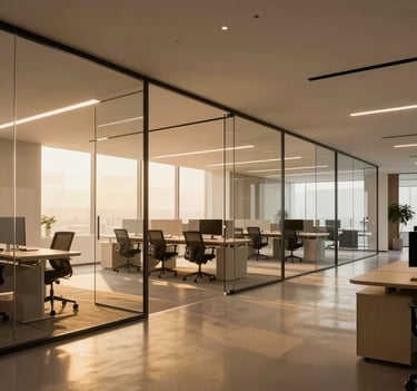 A wide angle of a sleek, virtual office space with glass partitions and minimalist furniture. The lighting is elegant with warm golden tones reflecting off polished surfaces. Global / Western.